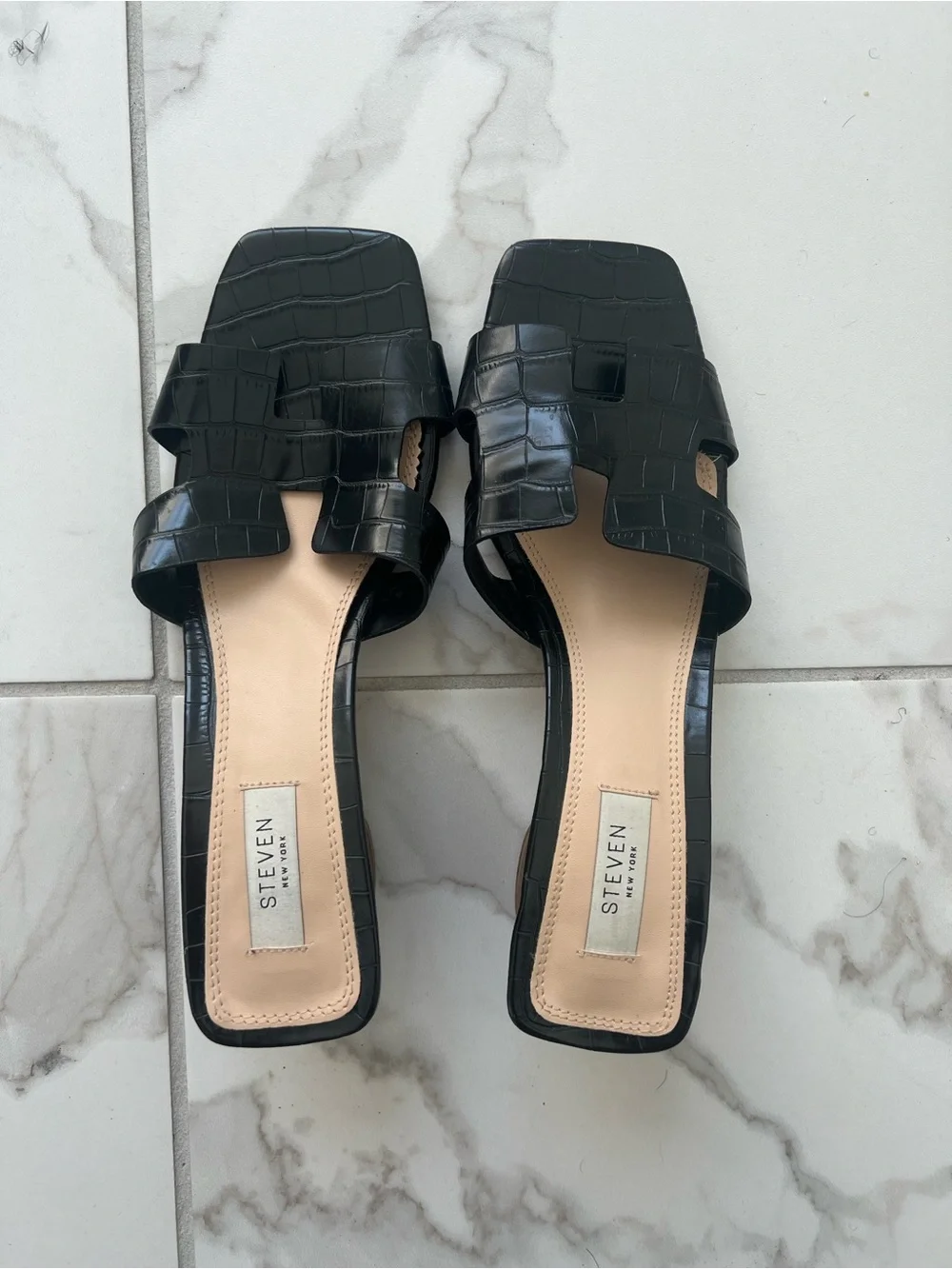 Steven by Steve Madden Black Croc-Embossed Slide Mules